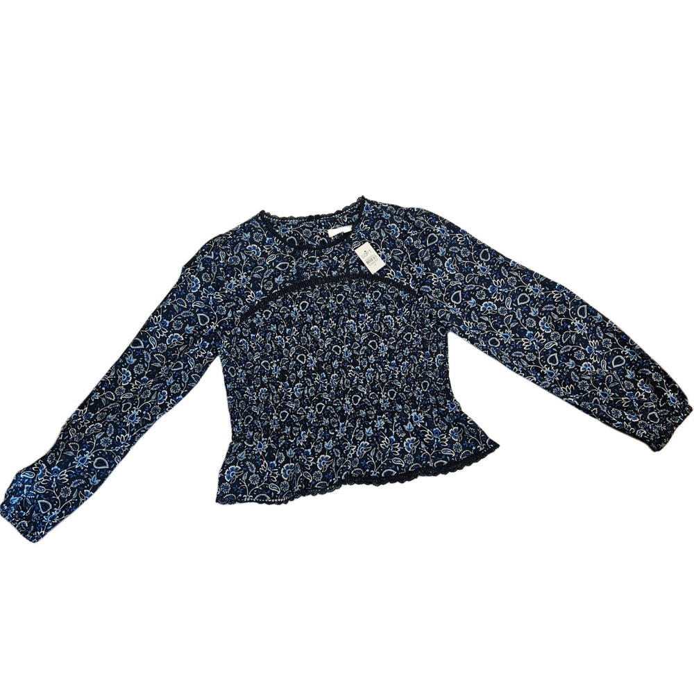 NWT LOFT Vine Smocked Long Sleeve Blouse Top Blue Paisley Floral Size M
